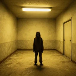 Creepy creature in the backrooms, old moist carpet, mono-yellow, fluorescent lights, randomly segmented rooms, eerie