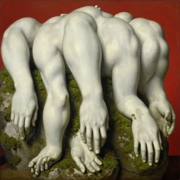 a beautiful painting of hands of detailed white stone male statures's back lined up, covered by moss, oil paint, classic art, 1 6 century style, volume light, in the style of beksinski, parts by edward hopper, parts by rodcenko, parts by yue minjun, diego velazquez, intricate and epic composition, red by caravaggio, insanely quality