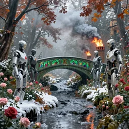 autumn in london in the year 3 0 0 0 with cyborgs, ornate, beautiful, atmosphere, vibe, mist, smoke, fire, chimney, rain, wet, pristine, puddles, melting, dripping, snow, creek, lush, ice, bridge, green, stained glass, forest, roses, flowers, by stanley artgerm lau, greg rutkowski, thomas kindkade, alphonse mucha, loish, norman rockwell