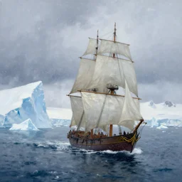 Longships Sailing through Northern Icy Waters, Glaciers, Northwest Passage, Icebergs, Snowing, Cold, in the style of marc simonetti, impressionism