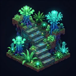 cool isometric minecraft stairs but with an organic isometric design that is based on bioluminescent alien - like plants all inspired by avatar's bioluminescent alien nature. around the stair, we can see plants that glow in the dark. all in isometric perspective and semi - realistic style dark background