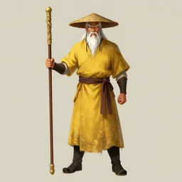 a chinese battle monk, wearing a faded yellow toga, a straw hat, holding a wooden long staff that is perpendicular to the floor, long white beard, digital art, full body shot, drawn in the style of dungeons and dragons