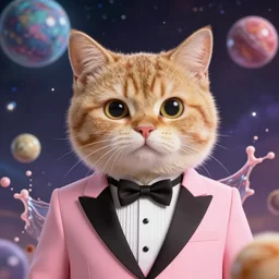 upper body portrait of male anthropomorphic cat in a pink tux, in the style of zootopia, spheres and galaxies and cosmos, realistic, trending on artstation, soft focus, depth of field, cinematic composition, physics splashes of colors, highly detailed