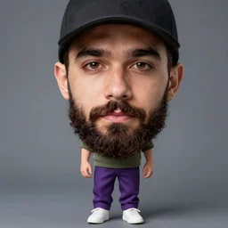 a young man with a chin - style dark brown beard without mustache in a dark black cap, green turtleneck, purple pants and super white sneakers in full height, perfect face, without mustache, mark vanderloo face, photography, ultra detailed, sharp focus, perfect eyes