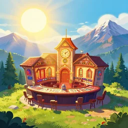 a casino over a small mountain, brightly illuminated by rays of sun, artstation, colorful sylvain sarrailh illustration
