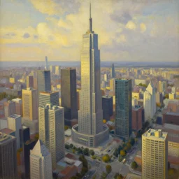 an intricate oil painting of an aerial view by simon stalenhag, tall skyscrapers in background and cloudy sky, golden hour