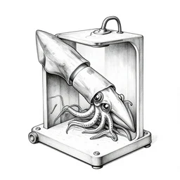 ultra precise fineliner drawing of a machine which embeds a man inside a squid, minimal injury, maximal squidification. black marker pen on white gloss paper. gallery quality, winner of nobel prize for insanity