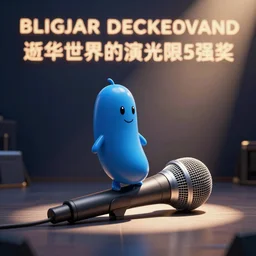 a small smooth blue creature in the shape of a sausage stands on a huge microphone on the stage