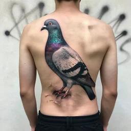 a perfect photograph of a graffiti tattoo of a pigeon on a mans back. he is structurally deficient and his bones are bursting through his skin. n.