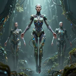 karol bak and tom bagshaw and lecouffe - deharme full body character portrait of the borg queen of sentient parasitic flowing ai, floating in a powerful zen state, supermodel, beautiful and ominous, wearing combination of mecha and bodysuit made of wires and fractal ceramic, machinery enveloping nature in the background, artstation scifi character render