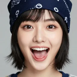 beautiful Girl with a bandana, big mouth, big eyes, short black hair, close up