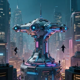 teleportation machine in a cyberpunk world, with people using it to travel around the city