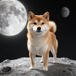 Shiba Inu dog on the surface of the moon, 3d render, dramatic, photorealistic