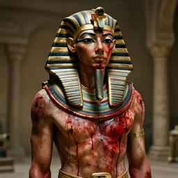 An egyptian pharaoh as The American Psycho, cinematic still, covered in blood