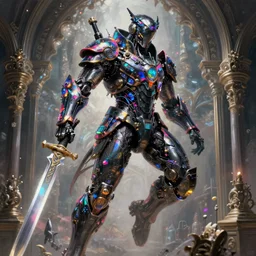 Intricate sci-fi painting of an omnipotent floating powerful iridescent warrior assassin lord wearing black cybernetic armor encrusted in iridescent microchips and transistors and processors, extreme detail, artstation, high focal lens, brandishing a powerful sword, colorful vivid octane render, concept art, sharp, award winning artwork on artstation, realistic complex baroque moody composition