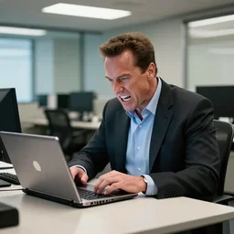 arnold schwarzenegger, arnold schwarzenegger as conan the barbarian sitting at a desk, as an office worker, in an office, inside an office building, sitting at a desk, angrily shouting at a laptop, angry at laptop, laptop computer, computer trouble, technical difficulties, software error, crisp lighting, corporate photography