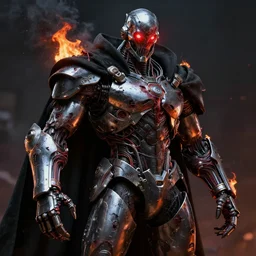 mecha wearing black cloak chrome internals wiring harness armored damaged. glowing red eye bright. smoldering burning fire. muscular thick arms. creepy decay style of Roger Deakins Jeremy Saulnier Newton Thomas Sigel Robert Elswit Greig Fraser trending rtx on ue4