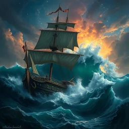 an digital painting of the greatest seafarer of all time losses his ship. in a terrifying storm the beam collapsed under the weight of the monstrous wave. he was the only one who survived, but at what cost, intricate details, detailed sky, starry night, artstation, epic scenery, colourful sky, by marco bucci and rembrandt