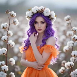 goddess of cotton, model pose, violet hair, orange dress, crown of flowers, beautiful symmetrical face!!!, cinematic lightning, rim light, white! cotton!!!! flowers background, ross tran, greg rutkowski