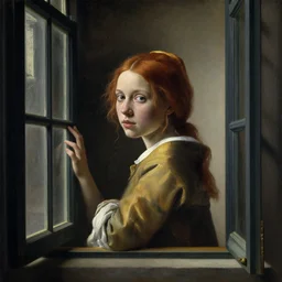 a window - lit realistic portrait painting of a thoughtful girl resembling a young, shy, redheaded alicia vikander or millie bobby brown wearing peasant clothes by an open window, highly detailed, intricate, by vermeer, and william bouguereau