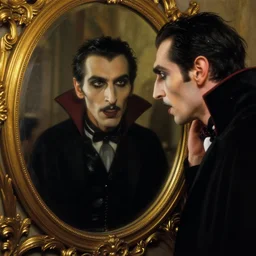hyperrealistic portrait of a vampire watching a mirror. by jeremy mann and alphonse mucha, fantasy art, photo realistic, dynamic lighting
