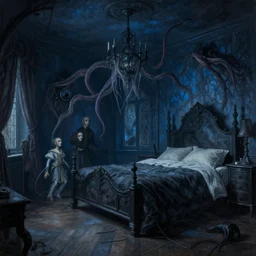 gothic mansion master bedroom, wooden floor, darkness, evil, creepy, science, 1 9 century, hard atmosphere, lovercraft, insmouth, tentacles, artwork, paint, blue tones, detailed, by bastien lecouffe deharme, by jeremy mann, by alexander fedosav