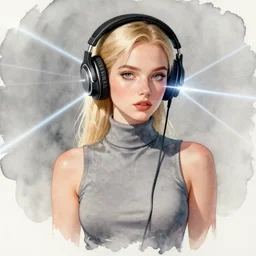 concept art girl with blonde hair wearing headphones, sleeveless turtleneck, pinterest, artstation trending, behance, watercolor, by coby whitmore, silver, laser light,