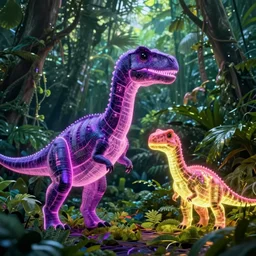 spectral purple neon dinosaur, spectral neon pink dinosaur, spectral yellow neon dinosaur, green jungle background, detailed, ultrawide landscape
