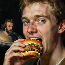 saturn devouring his big mac, by edgar maxence and caravaggio and michael whelan, intricate painting, hyper realistic, extremely detailed and beautiful aesthetic face, 8 k resolution