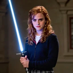 emma watson holding a lightsaber