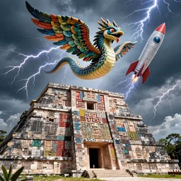 Quetzalcoatl  the feathered serpent deity hovering above a giant mayan temple by Liam Wong and Boris Vallejo, stone carving, colorful, glyphs, rocket, wall of a tomb, highly details, realistic, cinematic lightning, medium shot, mid-shot, highly detailed, trending on artstation, Unreal Engine 4k