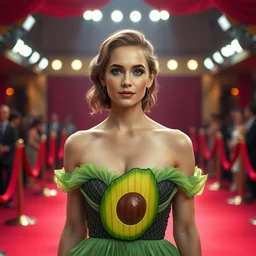 emma watson wearing an avocado shaped dress in metagala, standing in the middle of red carpet under spotlight, pentax k 1 0 0 0, ray tracing, professional photomanipulation, fully detailed, dalle 2 style
