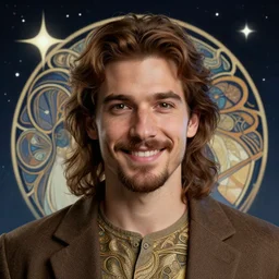 close up portrait, friendly santiago cabrera mage, abstract stars and night background, ornate alphonse mucha, rhads, ross tran, artstation, artgerm, octane render, 1 6 k