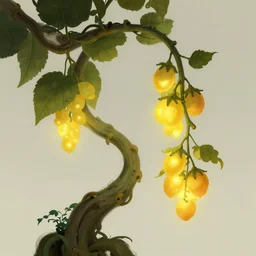 Illustration of the strange vine showing the glowing fruits. Fantasy art, 8k high resolution.
