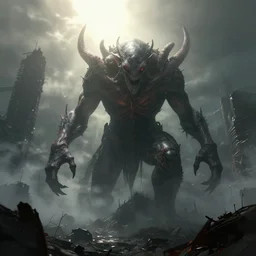 cthulhu destroying a post apocalyptic city, dark, trending on artstation, digital art, fog, sun flare