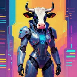 a cow in a futuristic suit, cyberpunk art by adam manyoki, cgsociety, funk art, sci - fi, synthwave, ilya kuvshinov