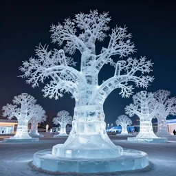 ice sculpture tree forest at night, cold ambient light, artwork by gerald brom, 4 k, masterpiece,