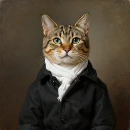 an amazon cat wearing a black buttoned jacket with a white scarf, an american romanticism painting, a portrait painting