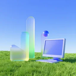 minimalist computer generated architecture shapes in a meadow with blue sky. slick, futuristic design. colorful soft gradients, translucence. pre - 2 0 0 0 s era. 9 0's computer art, early computer graphics