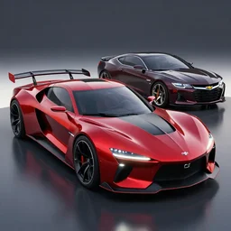sports car based on nissan and chevy sports car body styles, nissan sports cars, chevy sports cars, concept car, sharp focus, ruby red paint with black stripes, trending on artstation, unreal engine, photoreal, award winning, concept art, car design by jon sibal and khyzyl saleem