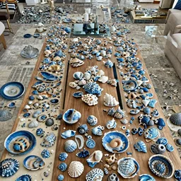 A modern living room inspired by the ocean, a luxurious wooden coffee table with large seashells on it, amazing detail, 8k resolution, blue color, calm, relaxed style, harmony, wide angle shot