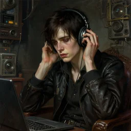 a epic norman rockwell painting portrait of emo listening to music in a dark liminal space room, gritty tech, deep focus, fantasy, intricate, elegant, highly detailed, digital painting, artstation, concept art, matte, sharp focus, illustration, dark fantasy style art, resident evil, art by artgerm and greg rutkowski and alphonse mucha