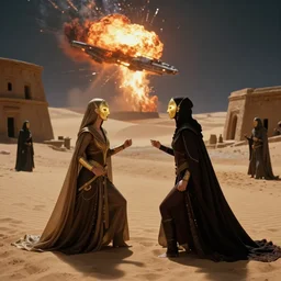 the long - shot of bene gesserit women in full - face golden glowing masks fights with harkonnens near the abandoned buildings under the sand in night arrakis desert, alien spaceship exploding, film still from the movie by alejandro jodorowsky with cinematogrophy of christopher doyle and art direction by hans giger, anamorphic lens, kodakchrome, very detailed photo, 8 k,