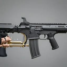 an assault rifle with the end of a trumpet