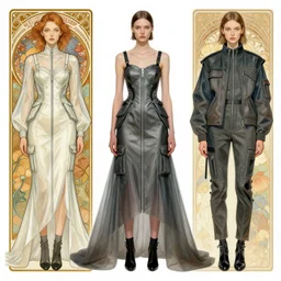 a digital concept art by nick knight artgerm, greg rutkowski and alphonse mucha. full body!! of a russian girl detailed features wearing a cargo wedding dress - sporty, sleek, tech utility - chic trend. lots of zippers, pockets, synthetic materials, jumpsuits chic'techno fashion trend by issey miyake and balenciaga h 7 0 0