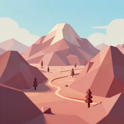 3 d render, mountain landscape, digital art, low poly art, minimalist, journey game, lowpoly landscape, intricate detail, whimsical, unreal engine, dreamy, brush strokes, bounce light, sunny, complementary palette, redsinski