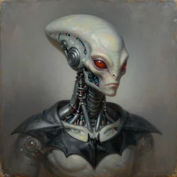 cinematic bust portrait of psychedelic Bat from left, head and chest only, exotic alien features, robotic enhancements, desaturated, Tim Hildebrandt, Wayne Barlowe, Bruce Pennington, donato giancola, larry elmore, oil on canvas, masterpiece, trending on artstation, featured on pixiv, cinematic composition, dramatic pose, beautiful lighting, sharp, details, hyper-detailed, HD, HDR, 4K, 8K