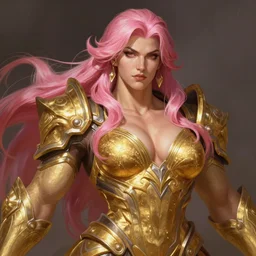 painted realist portrait of thick rugged sensual zarya from overwatch gold paint by ruan jia greg rutkowski, [ long pink hair ] clear face majestic muscular physique beautiful powerful handsome robe fantasy intricate elegant detailed digital painting concept art artstation sharp focus illustration