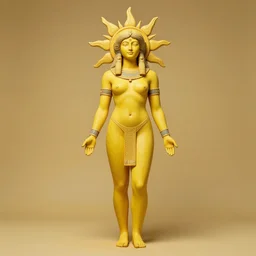 a full body sun goddess in a yellow bodypaint wearing a huge ancient culture sun golden mask with golden blades around, with a big aztec store behind