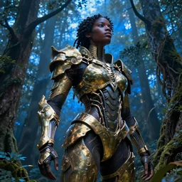 hyperrealistic expressive! black woman with detailed exoskeleton armor, merging with tree in a forest, illustration masterpiece brad kunkle hannah yata dramatic blue light low angle hd 8k sharp focus